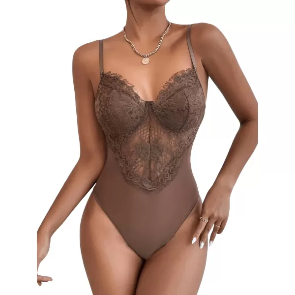 SweatyRocks Women's Spaghetti Strap V-Neck Contrast Floral Lace Cami Bodysuit Mesh Corset Top