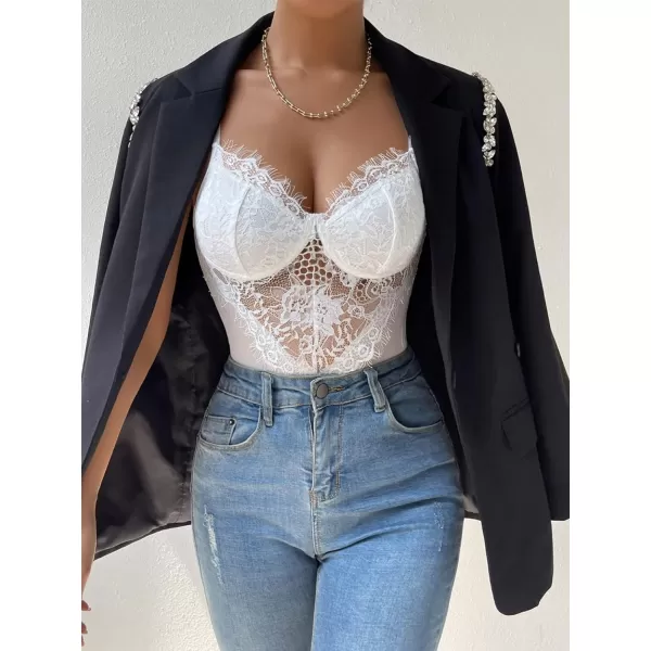 SweatyRocks Women's Spaghetti Strap V-Neck Contrast Floral Lace Cami Bodysuit Mesh Corset Top