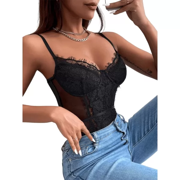 SweatyRocks Women's Spaghetti Strap V-Neck Contrast Floral Lace Cami Bodysuit Mesh Corset Top