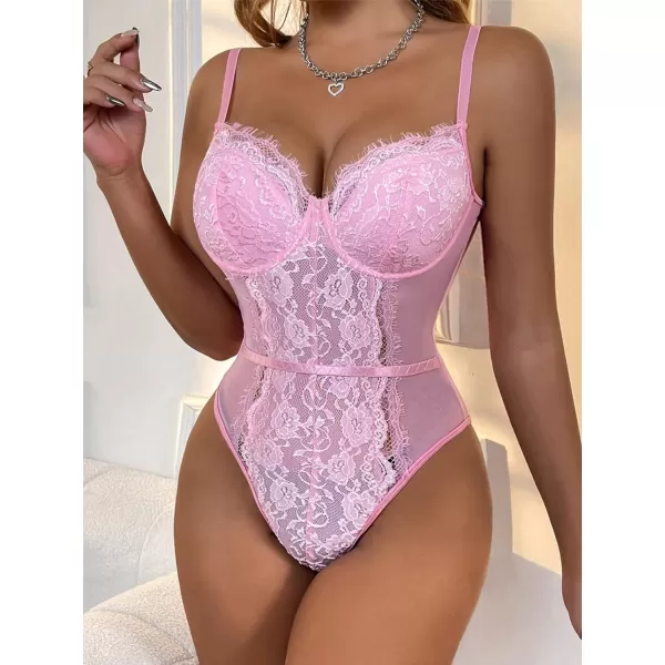 SweatyRocks Women's Spaghetti Strap V-Neck Contrast Floral Lace Cami Bodysuit Mesh Corset Top