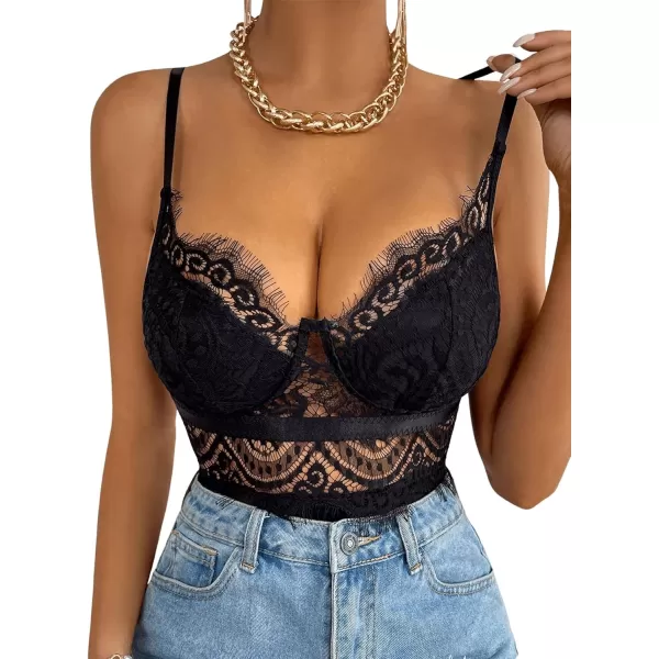 SweatyRocks Women's Spaghetti Strap V-Neck Contrast Floral Lace Cami Bodysuit Mesh Corset Top
