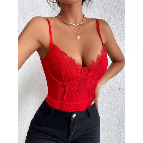 SweatyRocks Women's Spaghetti Strap V-Neck Contrast Floral Lace Cami Bodysuit Mesh Corset Top