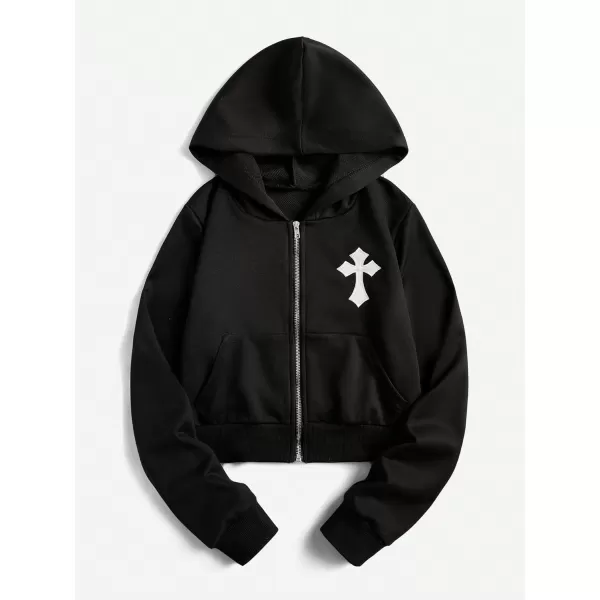 SweatyRocks Women's Star Print Zip Up Oversize Long Sleeve Casual Pocket Drawstring Hoodie
