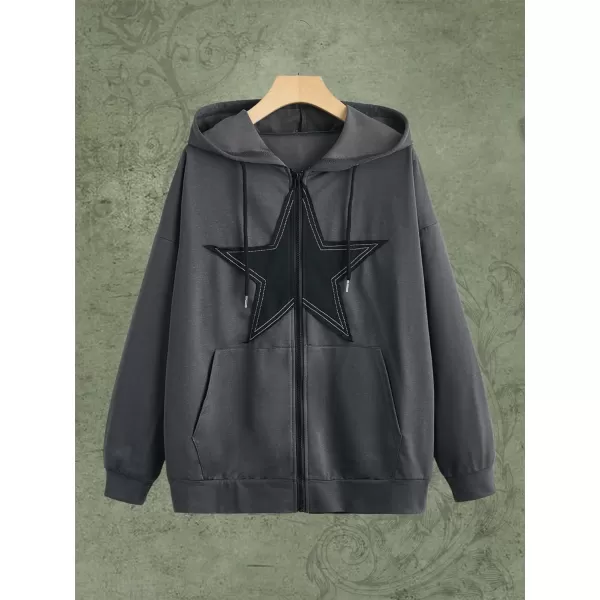 SweatyRocks Women's Star Print Zip Up Oversize Long Sleeve Casual Pocket Drawstring Hoodie