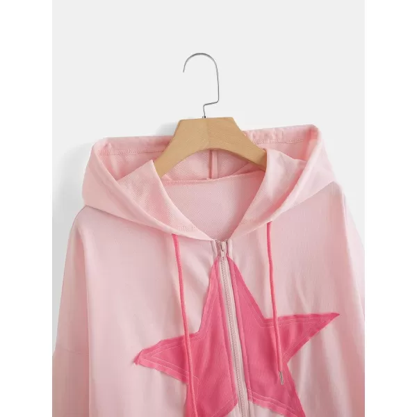 SweatyRocks Women's Star Print Zip Up Oversize Long Sleeve Casual Pocket Drawstring Hoodie