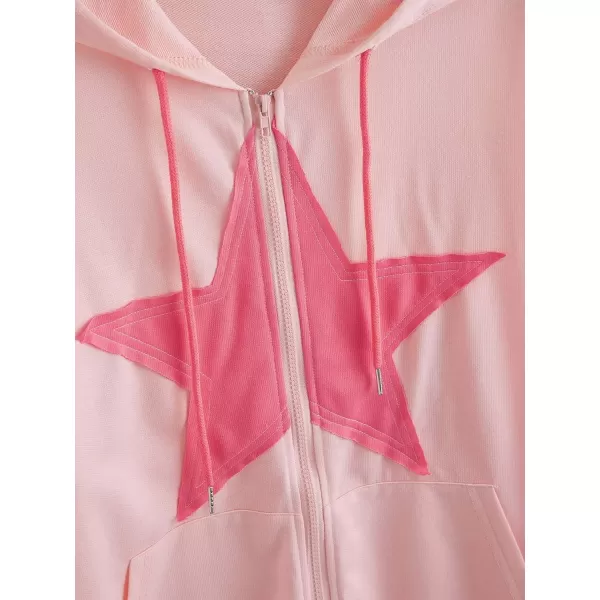 SweatyRocks Women's Star Print Zip Up Oversize Long Sleeve Casual Pocket Drawstring Hoodie