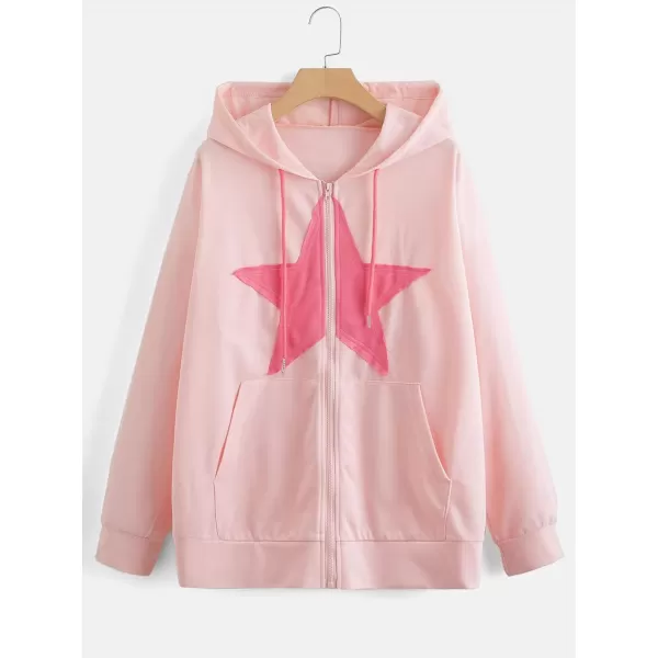 SweatyRocks Women's Star Print Zip Up Oversize Long Sleeve Casual Pocket Drawstring Hoodie