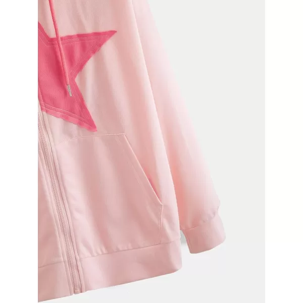SweatyRocks Women's Star Print Zip Up Oversize Long Sleeve Casual Pocket Drawstring Hoodie