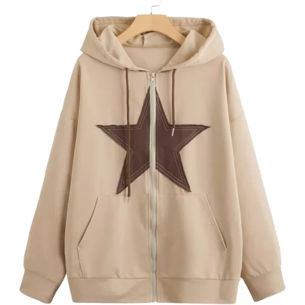 SweatyRocks Women's Star Print Zip Up Oversize Long Sleeve Casual Pocket Drawstring Hoodie