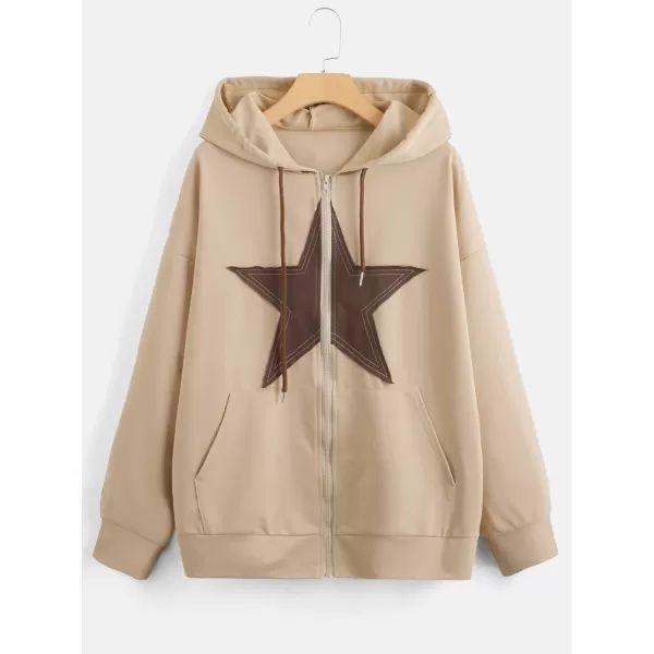 SweatyRocks Women's Star Print Zip Up Oversize Long Sleeve Casual Pocket Drawstring Hoodie