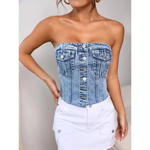 SweatyRocks Women's Strapless Button Down Slim Fit Denim Crop Tube Top with Flap Pocket