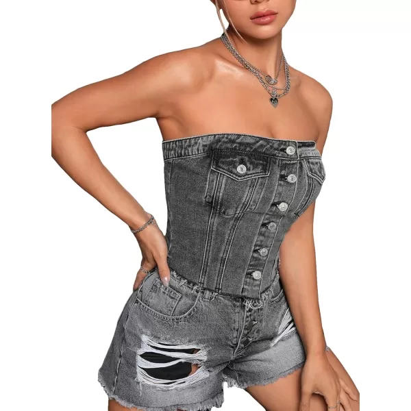 SweatyRocks Women's Strapless Button Down Slim Fit Denim Crop Tube Top with Flap Pocket