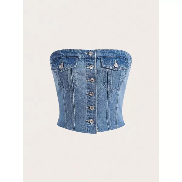 SweatyRocks Women's Strapless Button Down Slim Fit Denim Crop Tube Top with Flap Pocket
