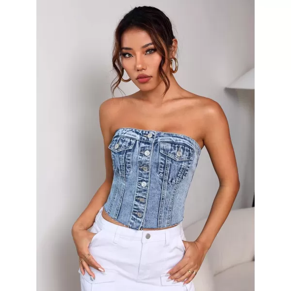 SweatyRocks Women's Strapless Button Down Slim Fit Denim Crop Tube Top with Flap Pocket