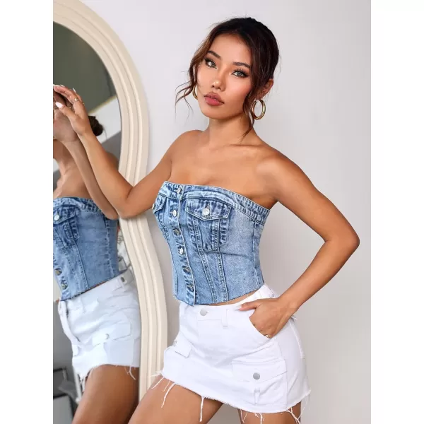 SweatyRocks Women's Strapless Button Down Slim Fit Denim Crop Tube Top with Flap Pocket