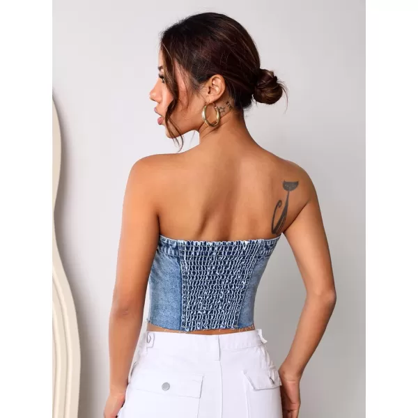 SweatyRocks Women's Strapless Button Down Slim Fit Denim Crop Tube Top with Flap Pocket