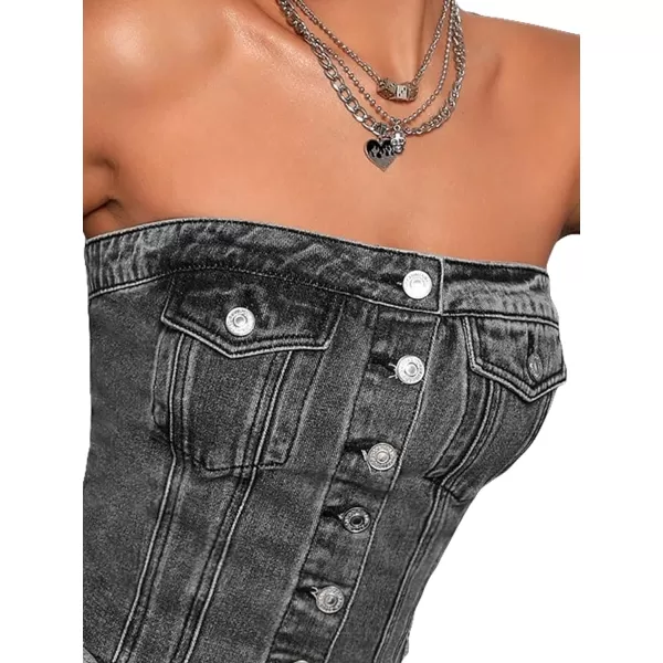 SweatyRocks Women's Strapless Button Down Slim Fit Denim Crop Tube Top with Flap Pocket