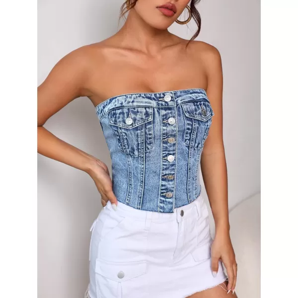 SweatyRocks Women's Strapless Button Down Slim Fit Denim Crop Tube Top with Flap Pocket