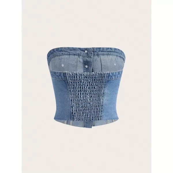 SweatyRocks Women's Strapless Button Down Slim Fit Denim Crop Tube Top with Flap Pocket