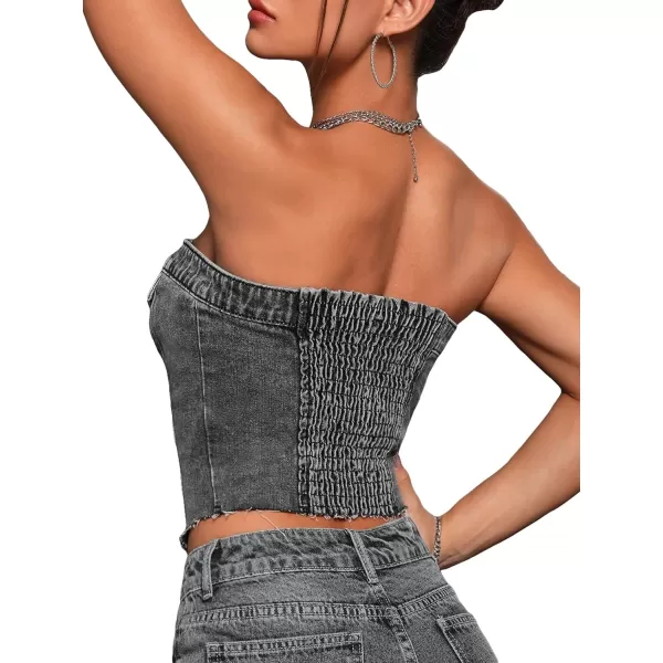 SweatyRocks Women's Strapless Button Down Slim Fit Denim Crop Tube Top with Flap Pocket