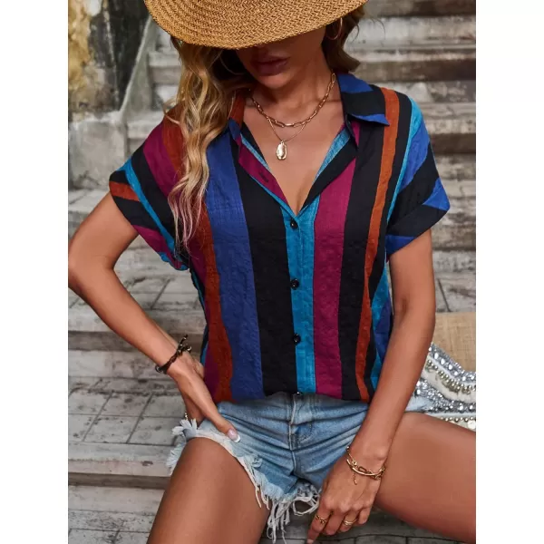 SweatyRocks Women's Stripe Print Button Down Shirt Casual Roll Up Short Sleeve Collar Blouse Top