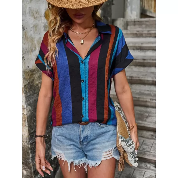 SweatyRocks Women's Stripe Print Button Down Shirt Casual Roll Up Short Sleeve Collar Blouse Top