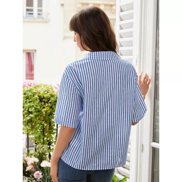SweatyRocks Women's Stripe Print Button Down Shirt Casual Roll Up Short Sleeve Collar Blouse Top