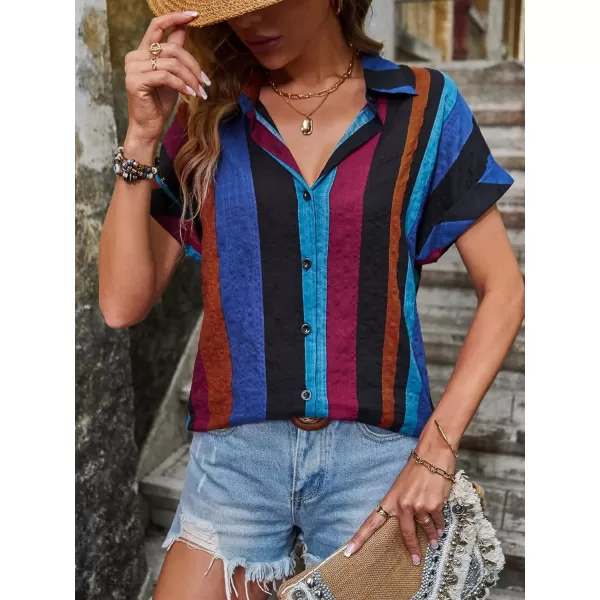 SweatyRocks Women's Stripe Print Button Down Shirt Casual Roll Up Short Sleeve Collar Blouse Top