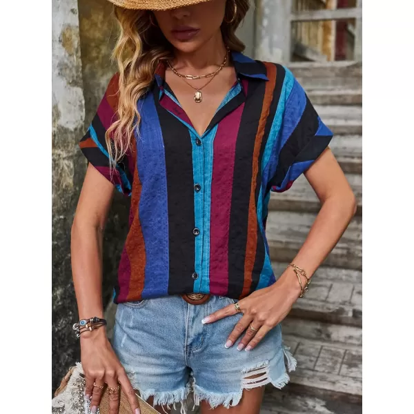 SweatyRocks Women's Stripe Print Button Down Shirt Casual Roll Up Short Sleeve Collar Blouse Top