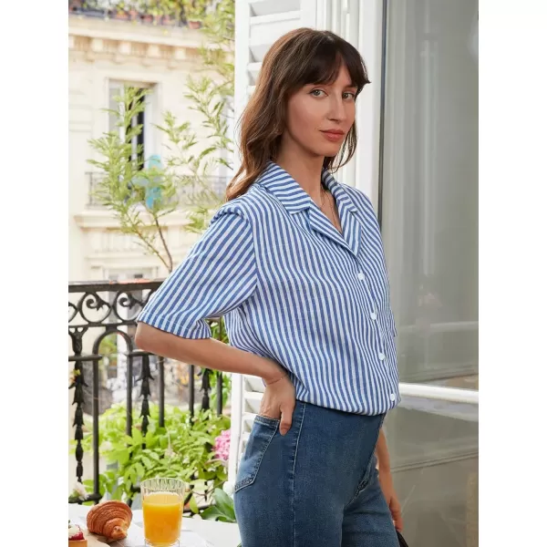 SweatyRocks Women's Stripe Print Button Down Shirt Casual Roll Up Short Sleeve Collar Blouse Top