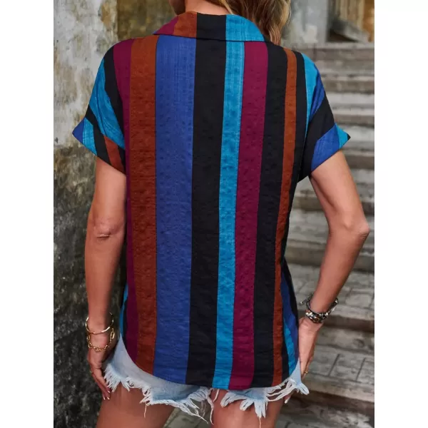 SweatyRocks Women's Stripe Print Button Down Shirt Casual Roll Up Short Sleeve Collar Blouse Top