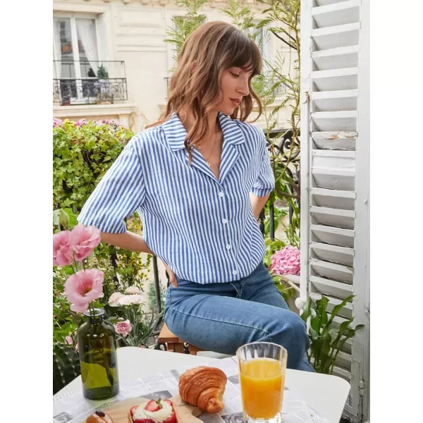 SweatyRocks Women's Stripe Print Button Down Shirt Casual Roll Up Short Sleeve Collar Blouse Top