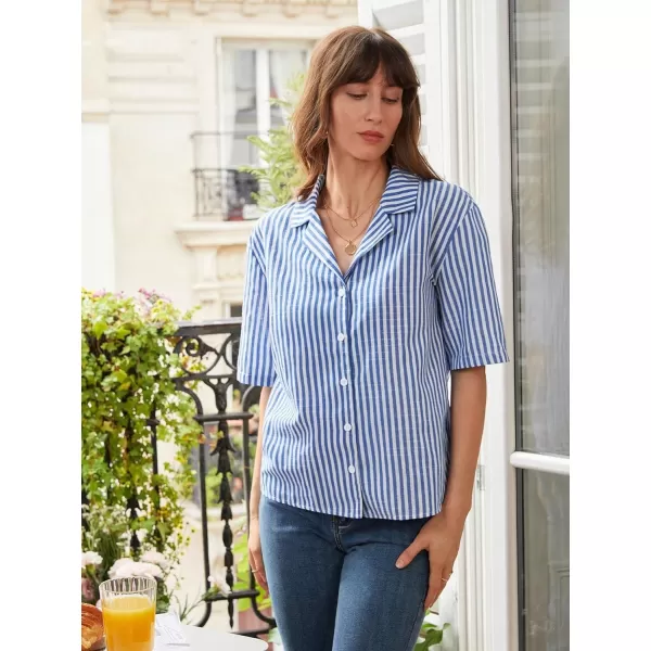 SweatyRocks Women's Stripe Print Button Down Shirt Casual Roll Up Short Sleeve Collar Blouse Top