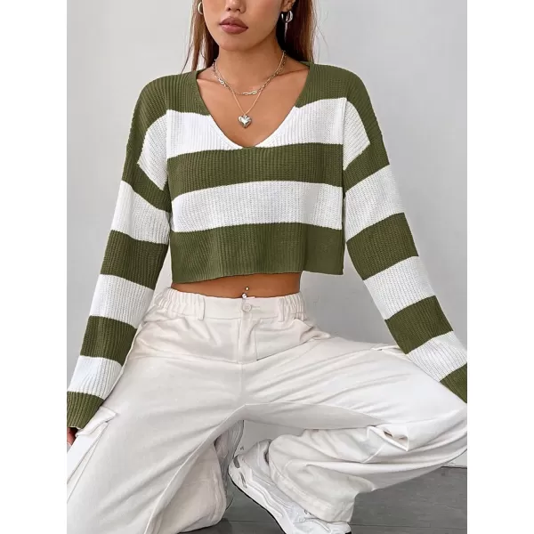 SweatyRocks Women's Striped Long Sleeve V Neck Crop Sweater Colorblock Drop Shoulder Pullover Sweater Tops
