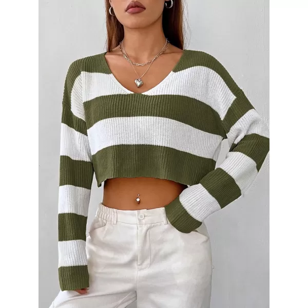 SweatyRocks Women's Striped Long Sleeve V Neck Crop Sweater Colorblock Drop Shoulder Pullover Sweater Tops