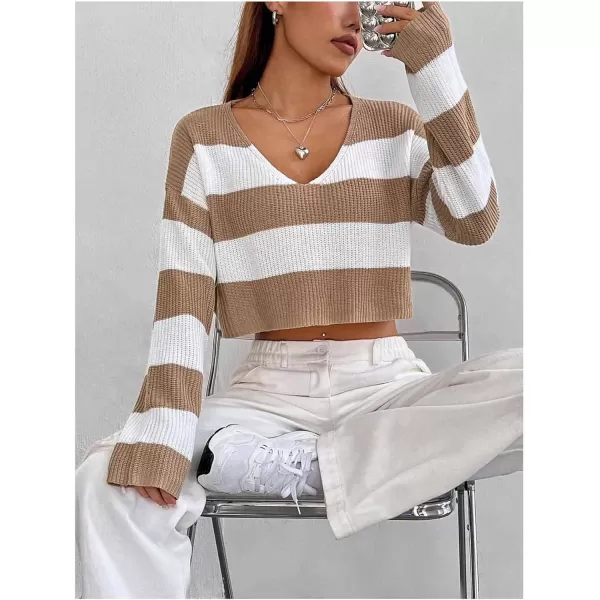 SweatyRocks Women's Striped Long Sleeve V Neck Crop Sweater Colorblock Drop Shoulder Pullover Sweater Tops