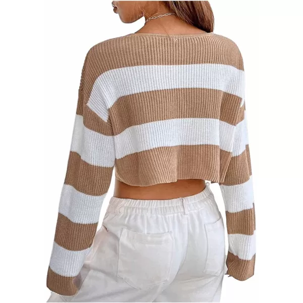 SweatyRocks Women's Striped Long Sleeve V Neck Crop Sweater Colorblock Drop Shoulder Pullover Sweater Tops