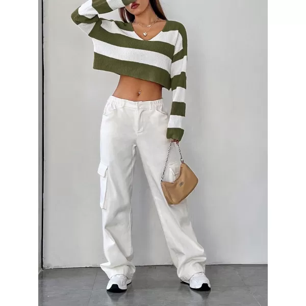 SweatyRocks Women's Striped Long Sleeve V Neck Crop Sweater Colorblock Drop Shoulder Pullover Sweater Tops