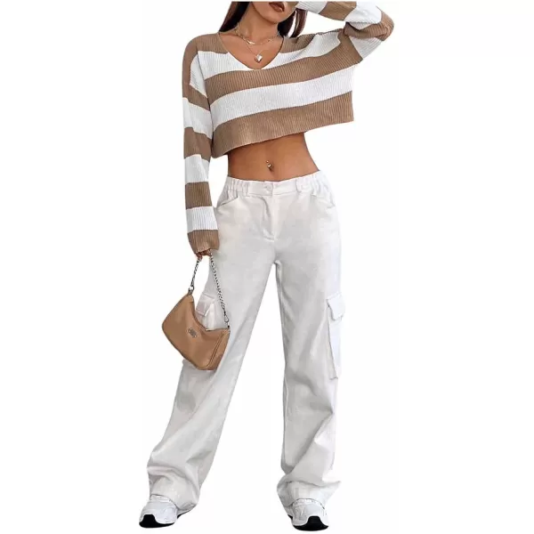 SweatyRocks Women's Striped Long Sleeve V Neck Crop Sweater Colorblock Drop Shoulder Pullover Sweater Tops