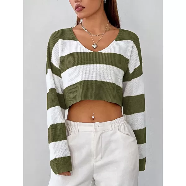 SweatyRocks Women's Striped Long Sleeve V Neck Crop Sweater Colorblock Drop Shoulder Pullover Sweater Tops