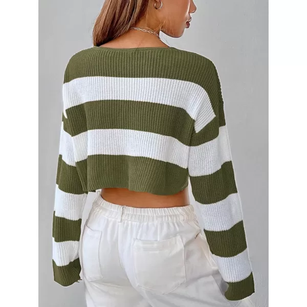SweatyRocks Women's Striped Long Sleeve V Neck Crop Sweater Colorblock Drop Shoulder Pullover Sweater Tops