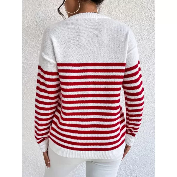 SweatyRocks Women's Striped Pattern Round Neck Long Sleeve Drop Shoulder Sweater Top