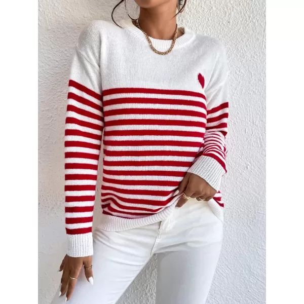 SweatyRocks Women's Striped Pattern Round Neck Long Sleeve Drop Shoulder Sweater Top