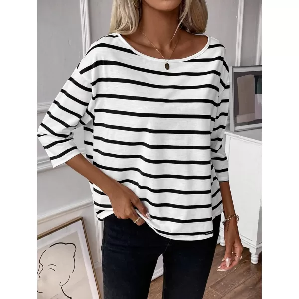 SweatyRocks Women's Striped Print 3/4 Sleeve Tee Scoop Neck Drop Shoulder T Shirts
