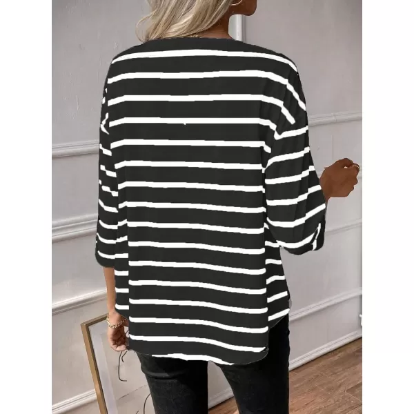 SweatyRocks Women's Striped Print 3/4 Sleeve Tee Scoop Neck Drop Shoulder T Shirts