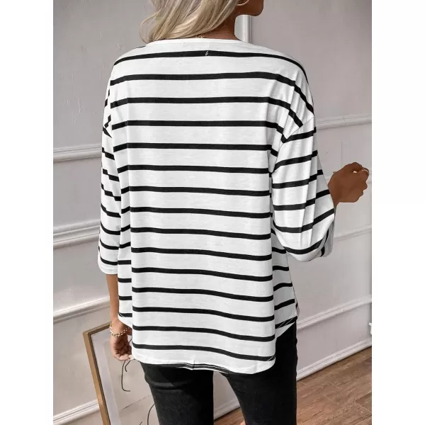 SweatyRocks Women's Striped Print 3/4 Sleeve Tee Scoop Neck Drop Shoulder T Shirts