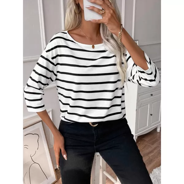 SweatyRocks Women's Striped Print 3/4 Sleeve Tee Scoop Neck Drop Shoulder T Shirts