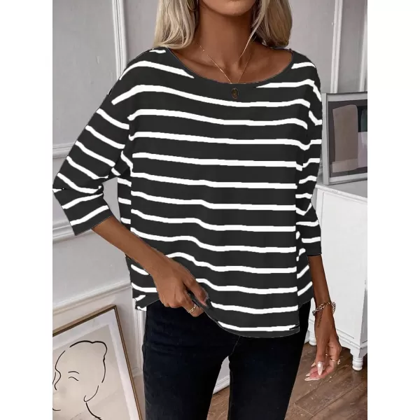 SweatyRocks Women's Striped Print 3/4 Sleeve Tee Scoop Neck Drop Shoulder T Shirts