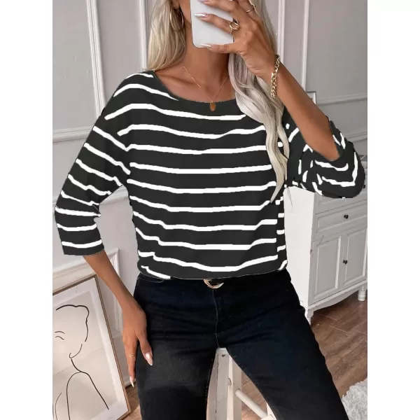 SweatyRocks Women's Striped Print 3/4 Sleeve Tee Scoop Neck Drop Shoulder T Shirts