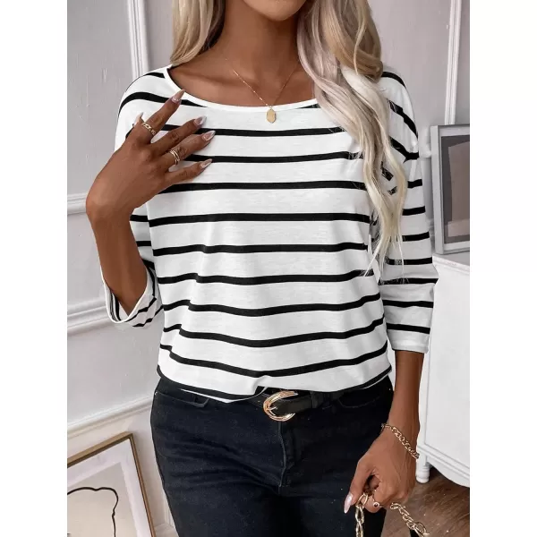 SweatyRocks Women's Striped Print 3/4 Sleeve Tee Scoop Neck Drop Shoulder T Shirts